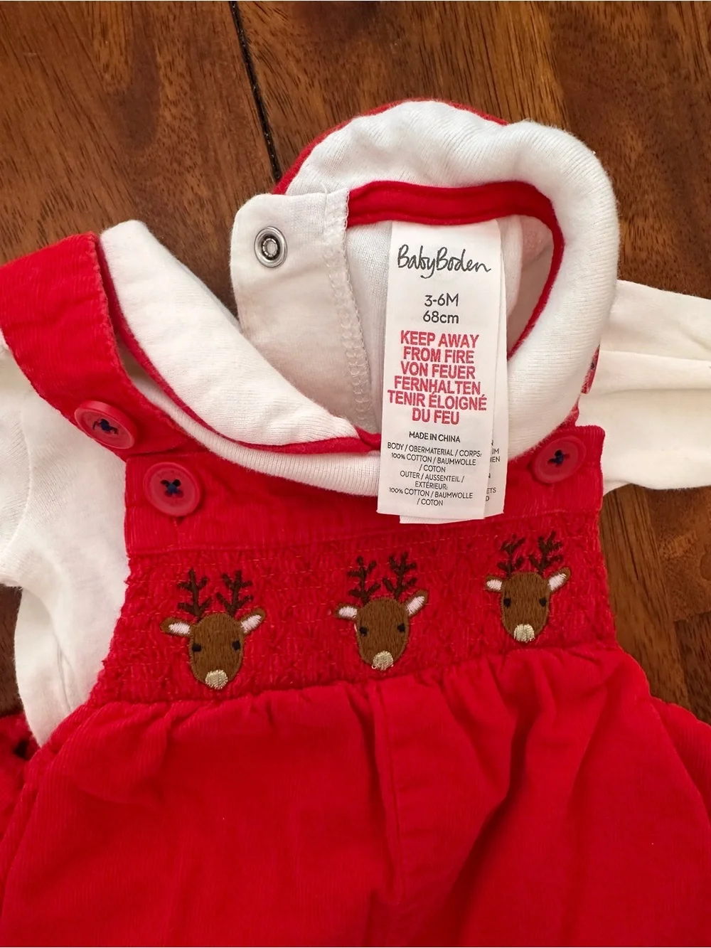 Baby Boden Red Smocked Reindeer Overalls with White Bodysuit